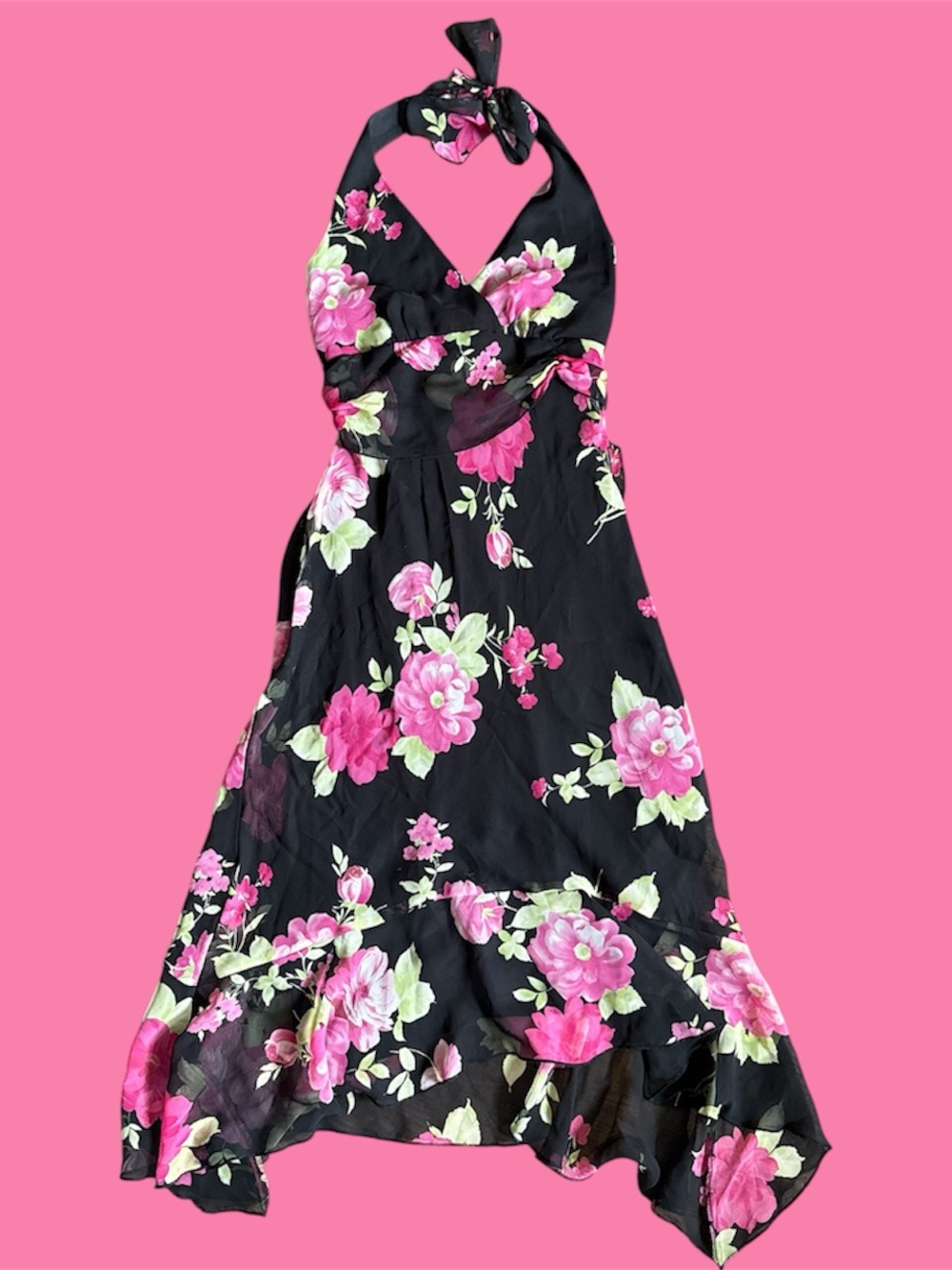 Y2K 90’s Halter Midi Dress in Black with Pink Floral Print